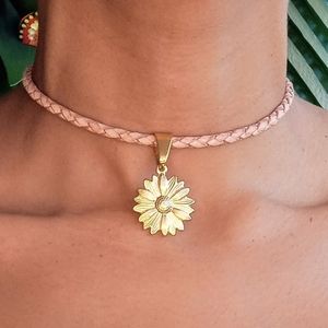18K Genuine Leather Choker with Sunflower Pendant